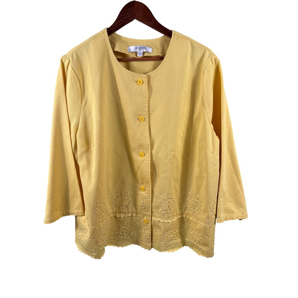 Liz Claiborne Button Front Top Women XL Yellow Eyelet‎ Scallop Hem Pocket Cotton